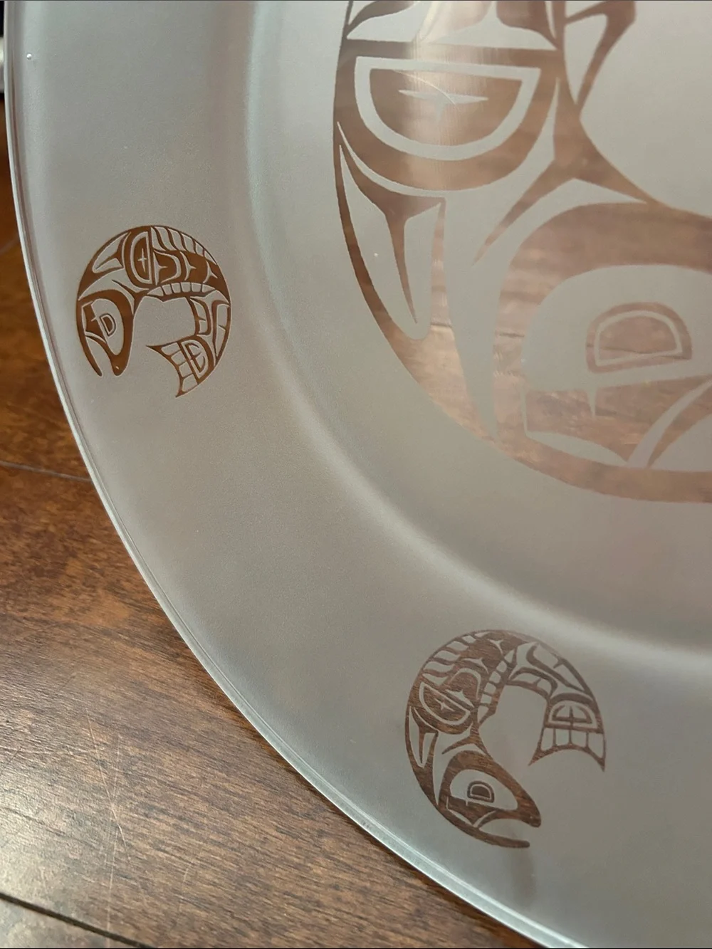 Native Canadian Art, Salmon Clear and Frosted Glass Plate with Salmon Fish